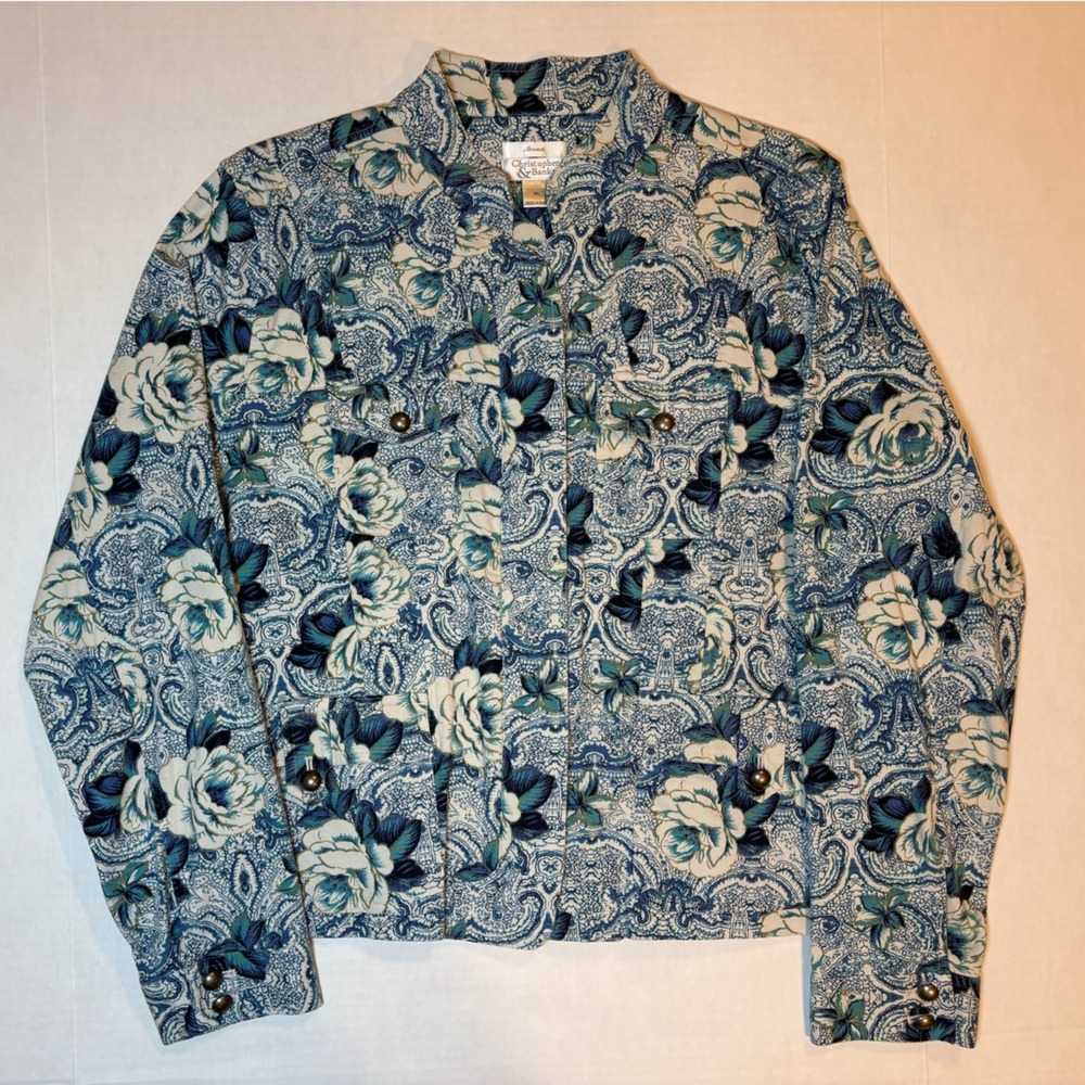 Christopher & Banks cotton blend blue floral print button down denim jacket XL